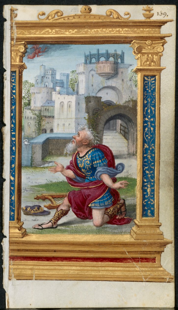 Blad fra en timebok: Kong David i bønn 2 av 3 utskårne blader, ca. 1530-35. av Noel Bellemare