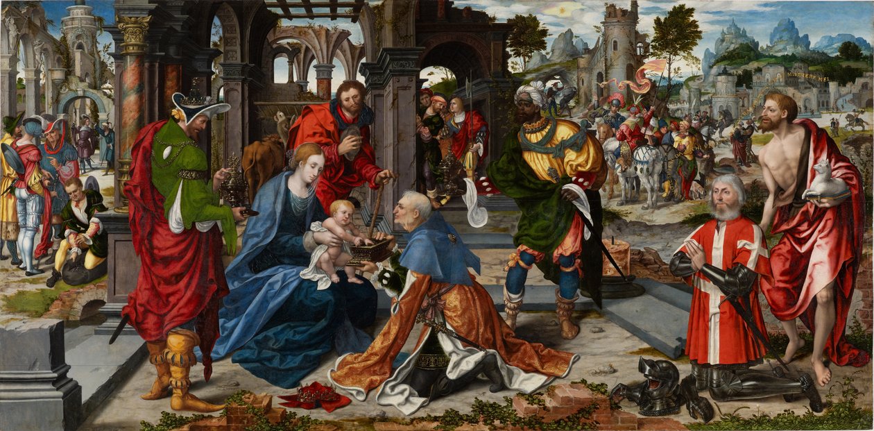 The Adoration of the Magi med giveren Philippe de Villiers de l’Isle-Adam, ca. 1530 (olje på eikepanel) av Noel Bellemare