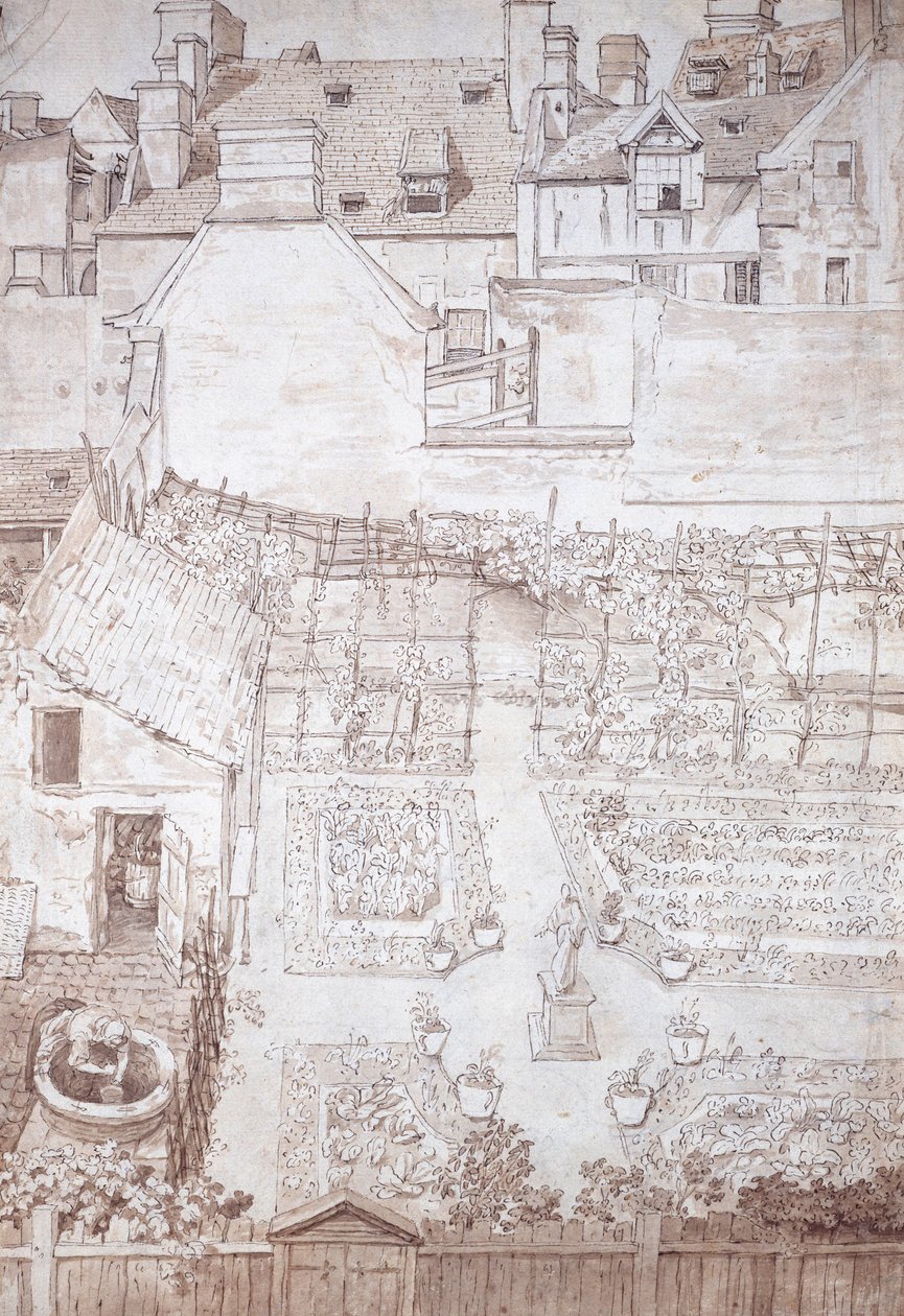 En hage til et byhus, med parterrer og vinpergola, omgitt av bygninger, ca. 1677 (penn og brunt blekk med brun vask) av Noel Gasselin