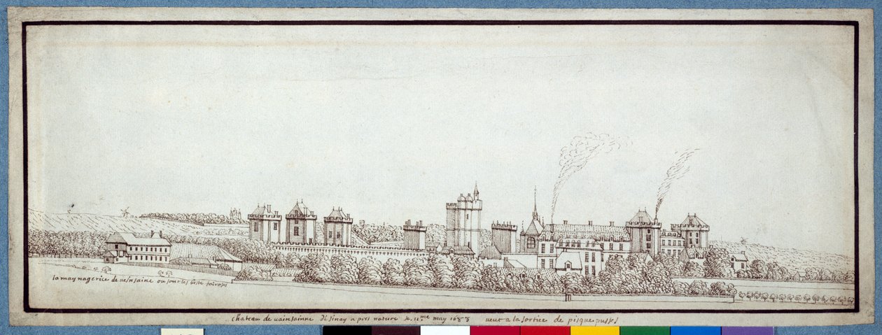 Chateau de Vincennes, med skorsteiner som røyker (penn og blekk på papir) av Noel Gasselin