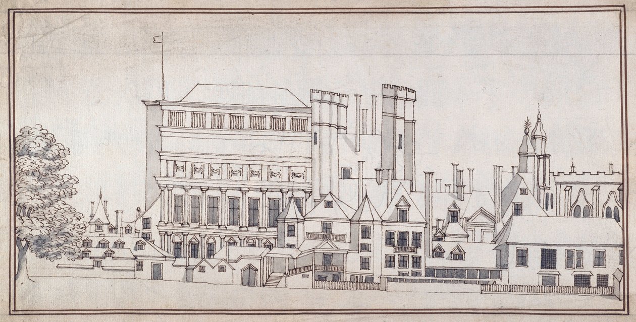 Whitehall med Holbein Gate og Inigo Jones's Banqueting House, ca. 1677 (penn og brunt blekk med grå vask) av Noel Gasselin