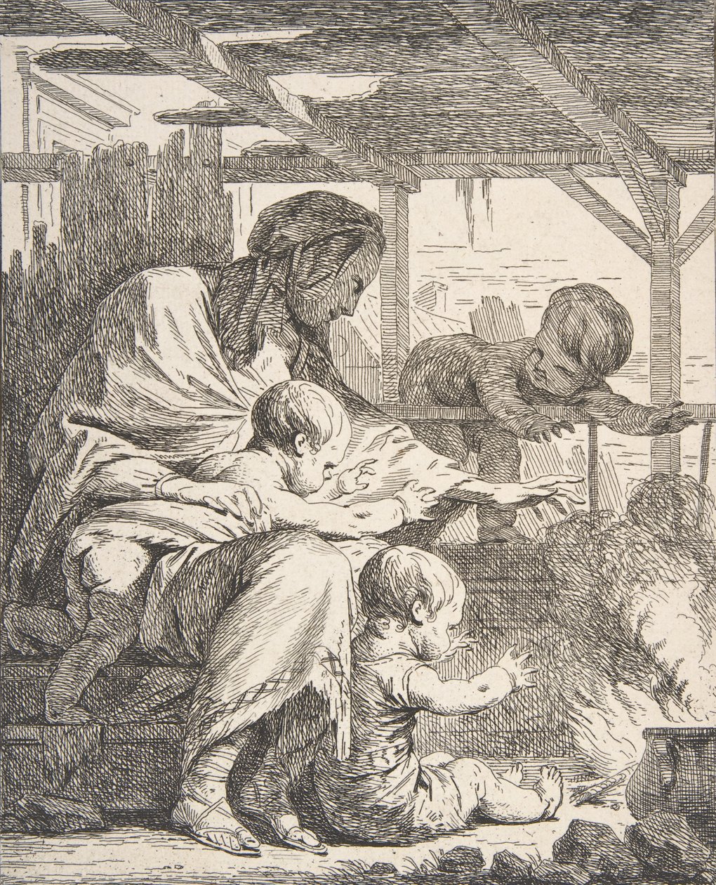Familien varmer hendene ved en brann, 1700-tallet, 1700-tallet. av Noel Halle