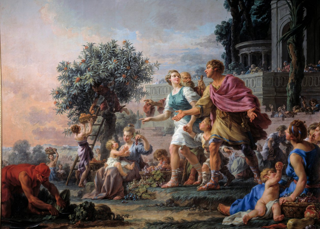Liberaliteten til ateneren Kimon inviterer folket til å ta fruktene av hagen deres. Maleri av Christmas Halle (1711-1781) av Noel Halle