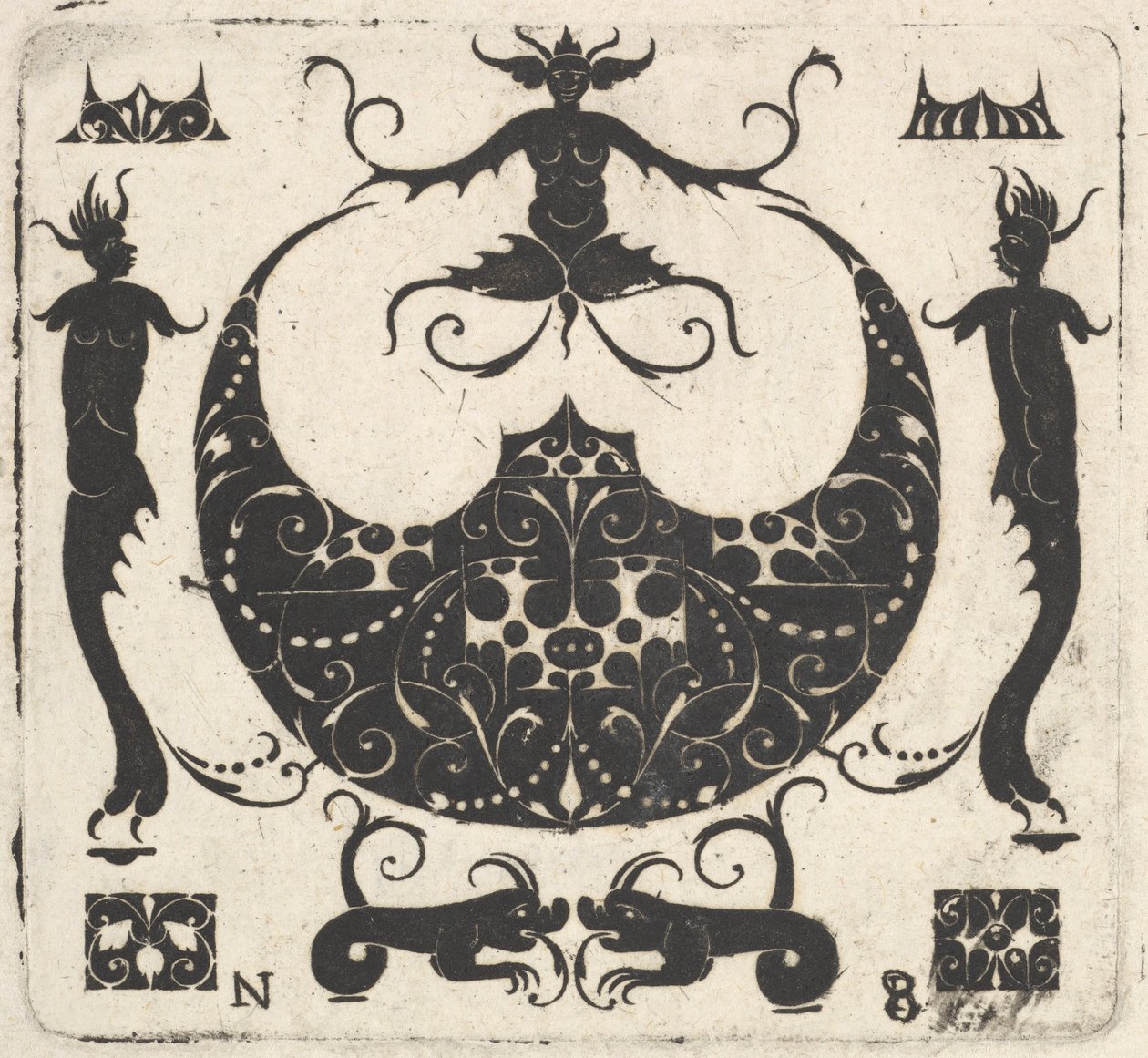 Måneformet ringramme og groteske figurer, ca. 1620-30. av Noel Rouillard