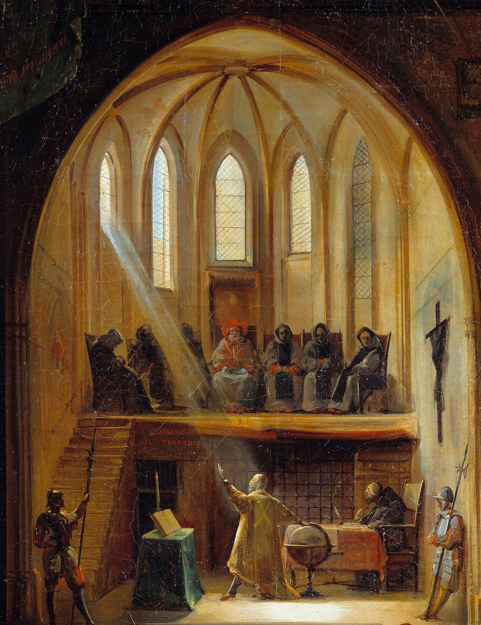 Detalj av "" Galilea (1564-1642) foran inkvisisjonsdomstolen"" Den italienske astronomen Galileo Galilei ble dømt i 1633 for sitt arbeid med å forsvare den heliosentriske modellteorien om Copernicus-universet. Maleri av Joseph Clerian (1796-1842 av Noel Thomas Joseph Clerian