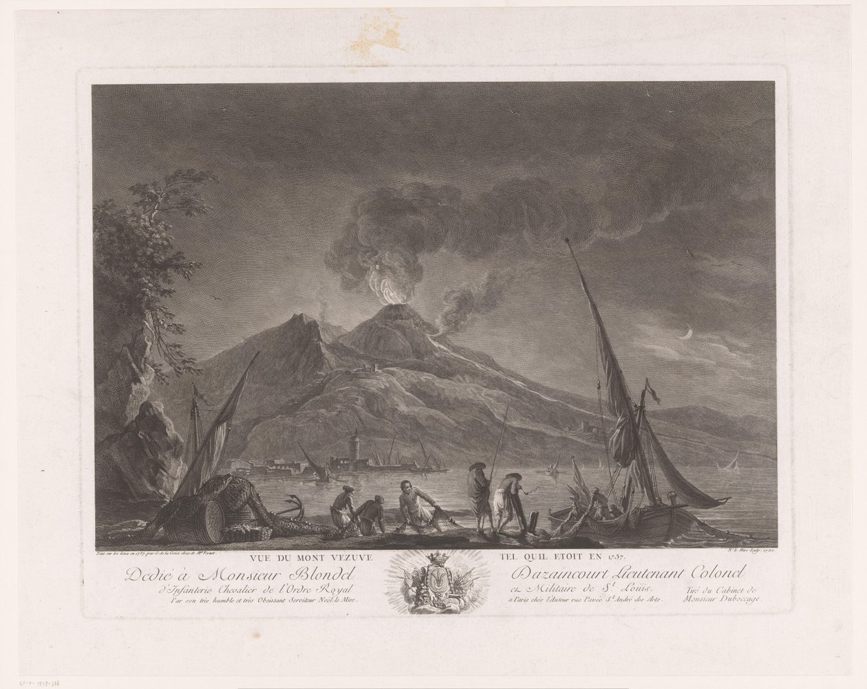 Landskap med fiskere og aktive Vesuv Vue du mont Vesuve tel quil etoit en 1757 (tittel på objekt) av Noël Le Mire