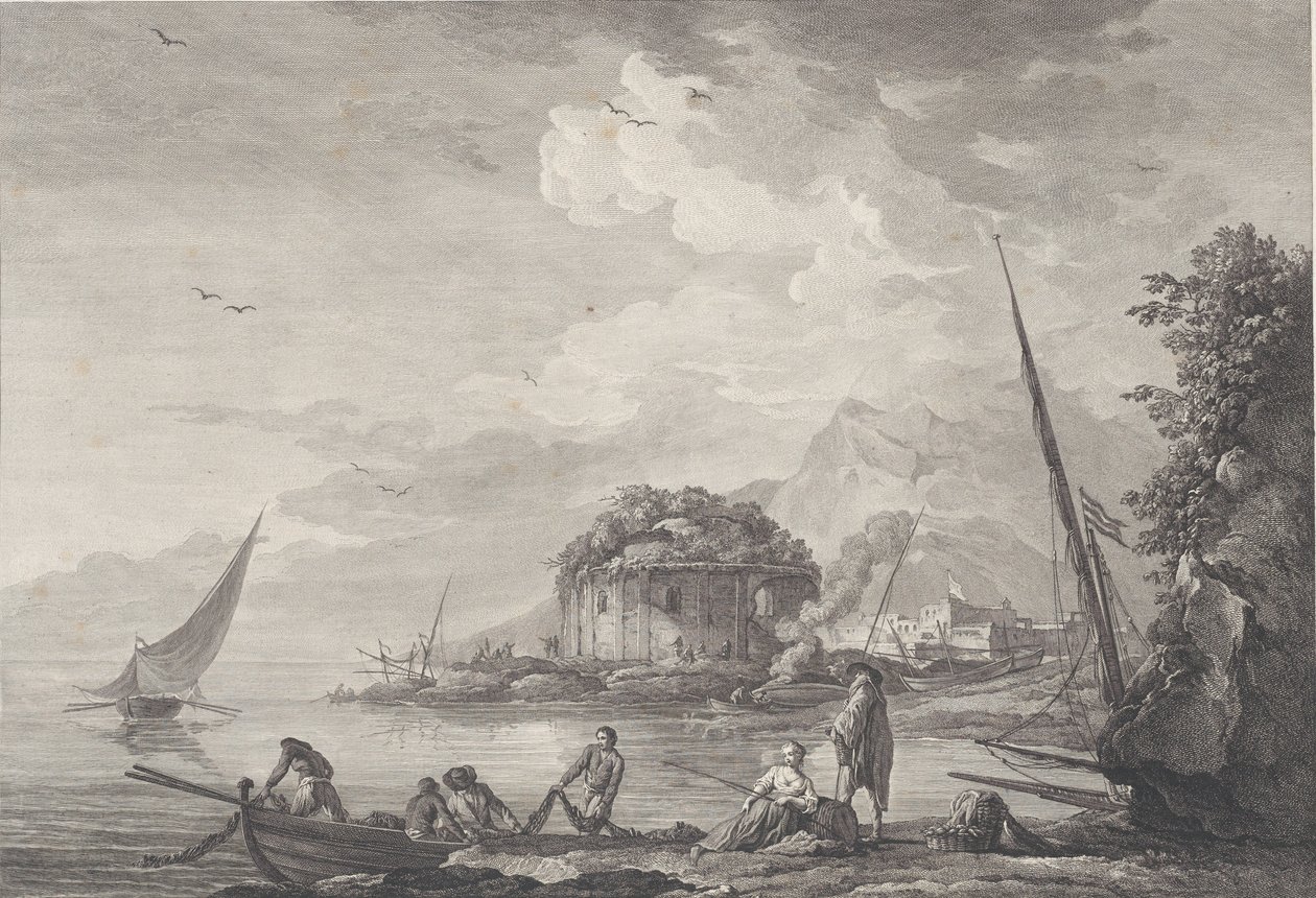 Utsikt over restene av Venus-tempelet på Isle of Nisida nær Pouzzol på G..., 1761. av Noël Le Mire