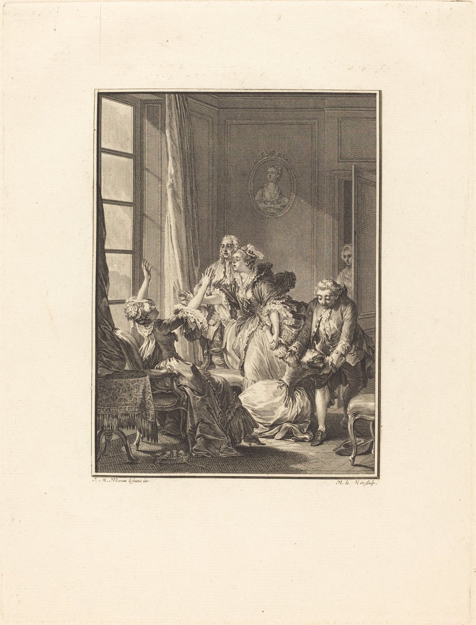 Julie besvimer i en lenestol av Noël Le Mire after Jean Michel Moreau