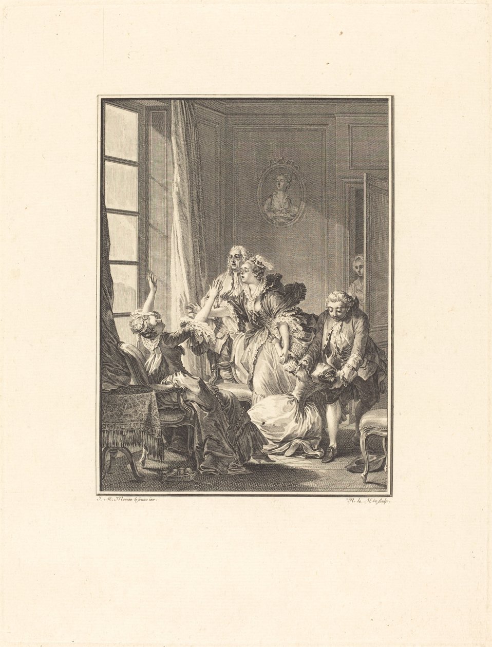 Julie besvimer i en lenestol av Noël Le Mire after Jean Michel Moreau