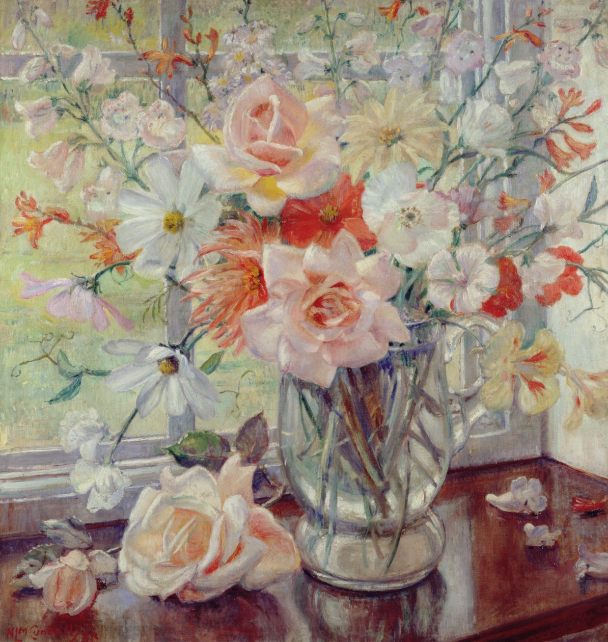 Et stilleben med sommerblomster i en glassmugge av Nora Lucy Mowbray Cundell