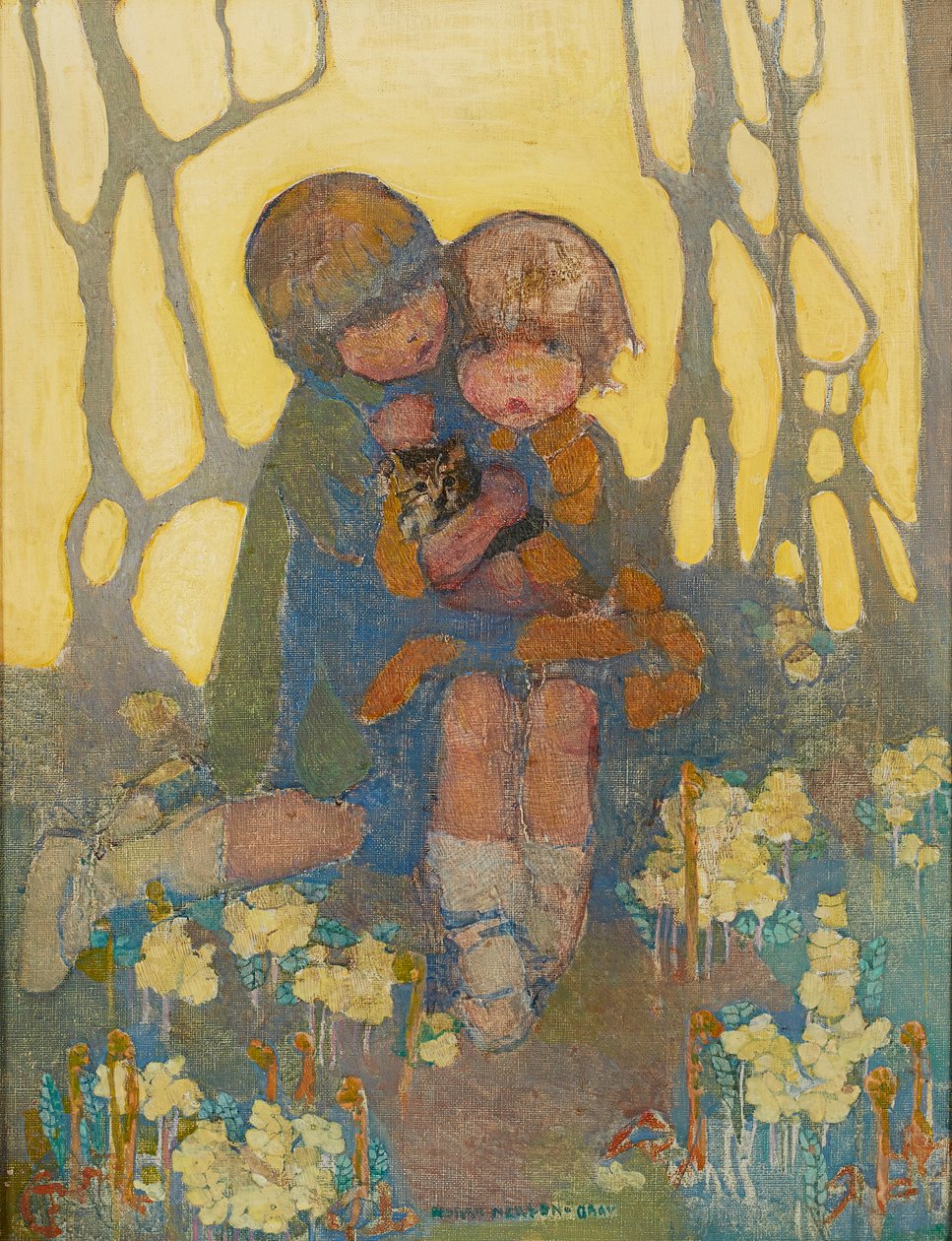 Sisters With a Kitten (olje på lerret) av Norah Neilsen Gray