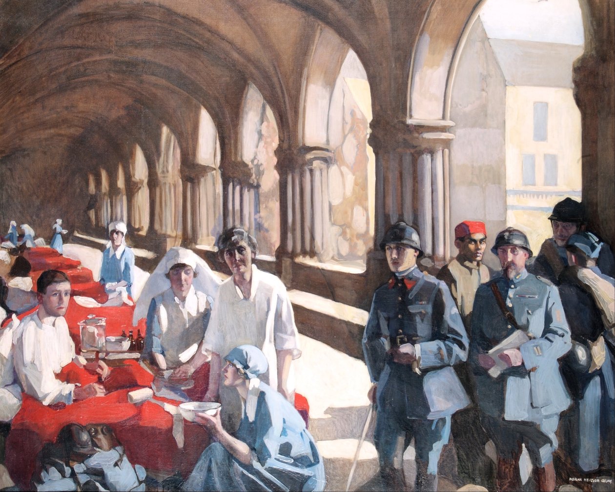 I The Cloister of the Abbaye på Royaumont. Dr. Frances Ivens inspiserte en fransk pasient av Norah Neilson Gray