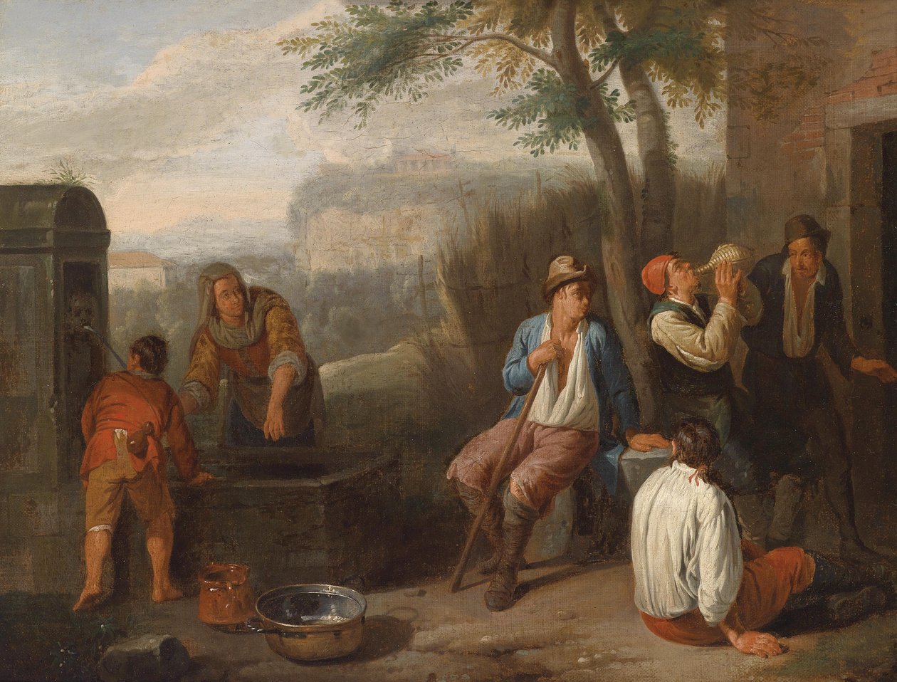 Sørlandskap med landsmenn som drikker ved en fontene av Norbert van Bloemen