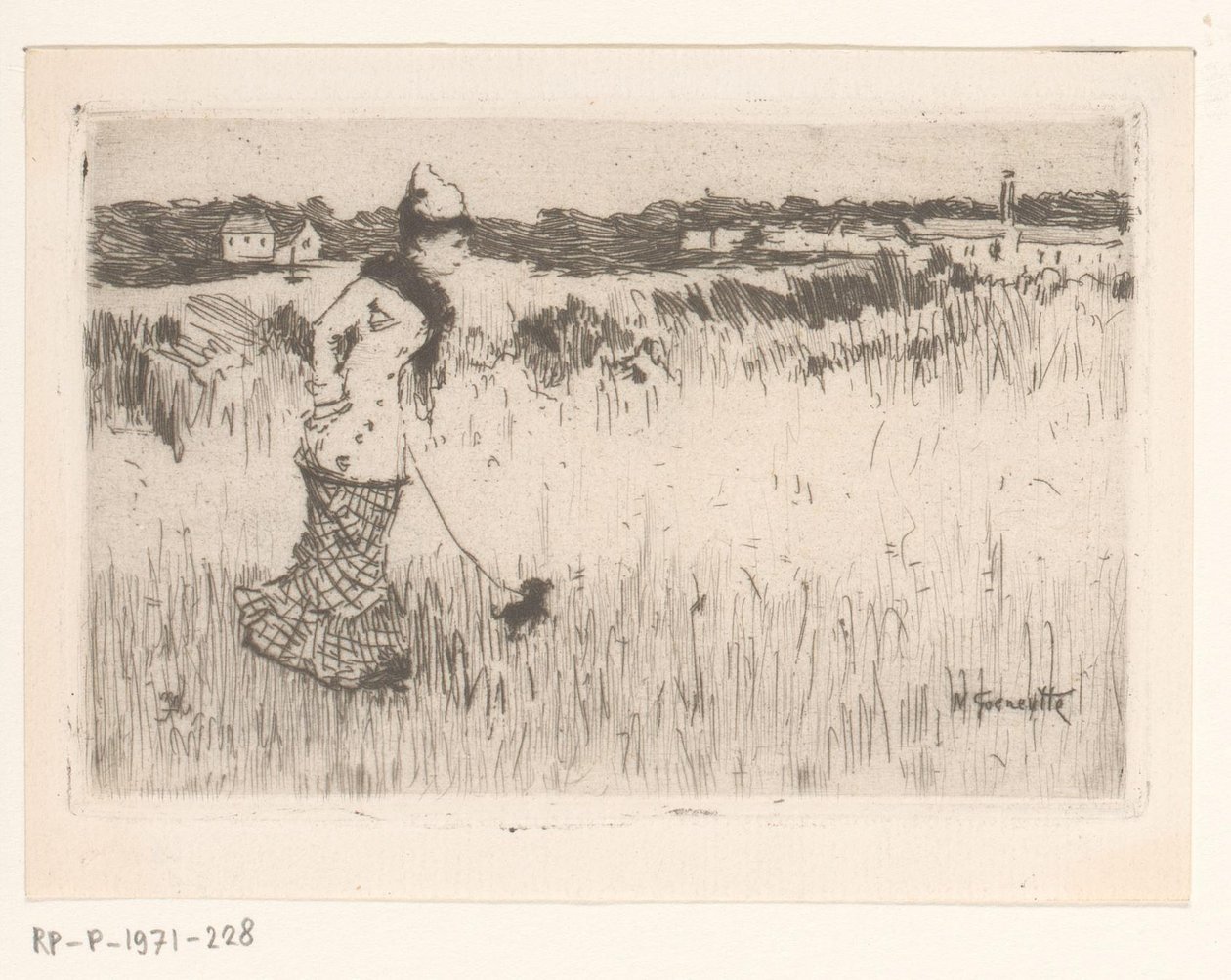 Vandrende dame med hund i et landskap av Norbert Goeneutte