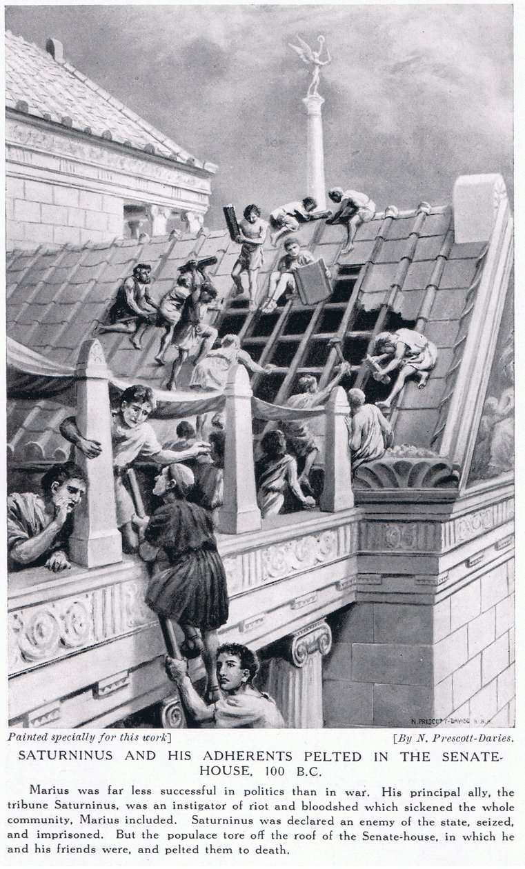 Saturninus og hans tilhengere kastet i Senatets hus 100 f.Kr av Norman Prescott Davies