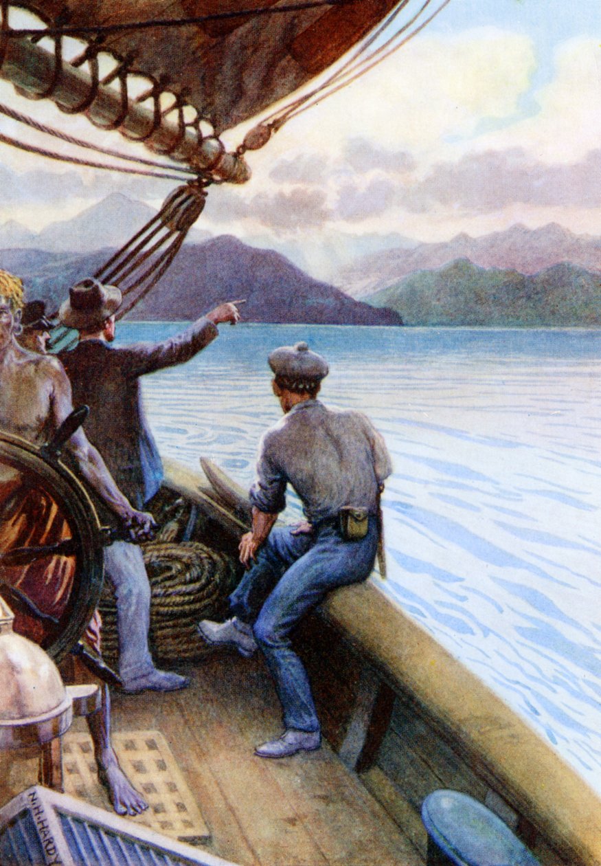 "Cruising blant Sørhavsøyene, Norfolk Island i sikte", 1908 av Norman Hardy