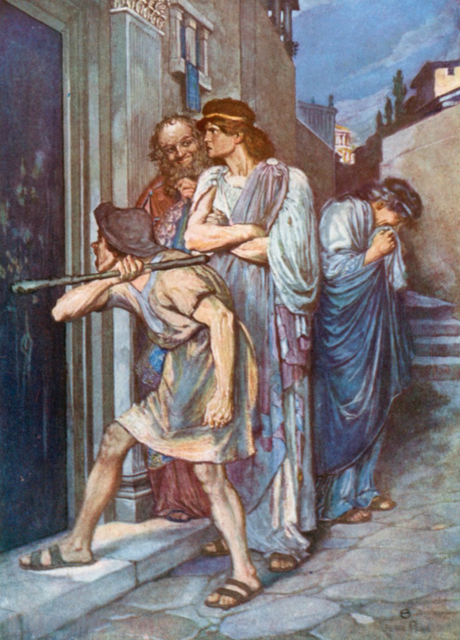 Dromio av Efesos, «Slipp min herre inn!» Villfarelsenes komedie – Akt III, scene 1 (fargelitografi) av Norman Mills (after) Price