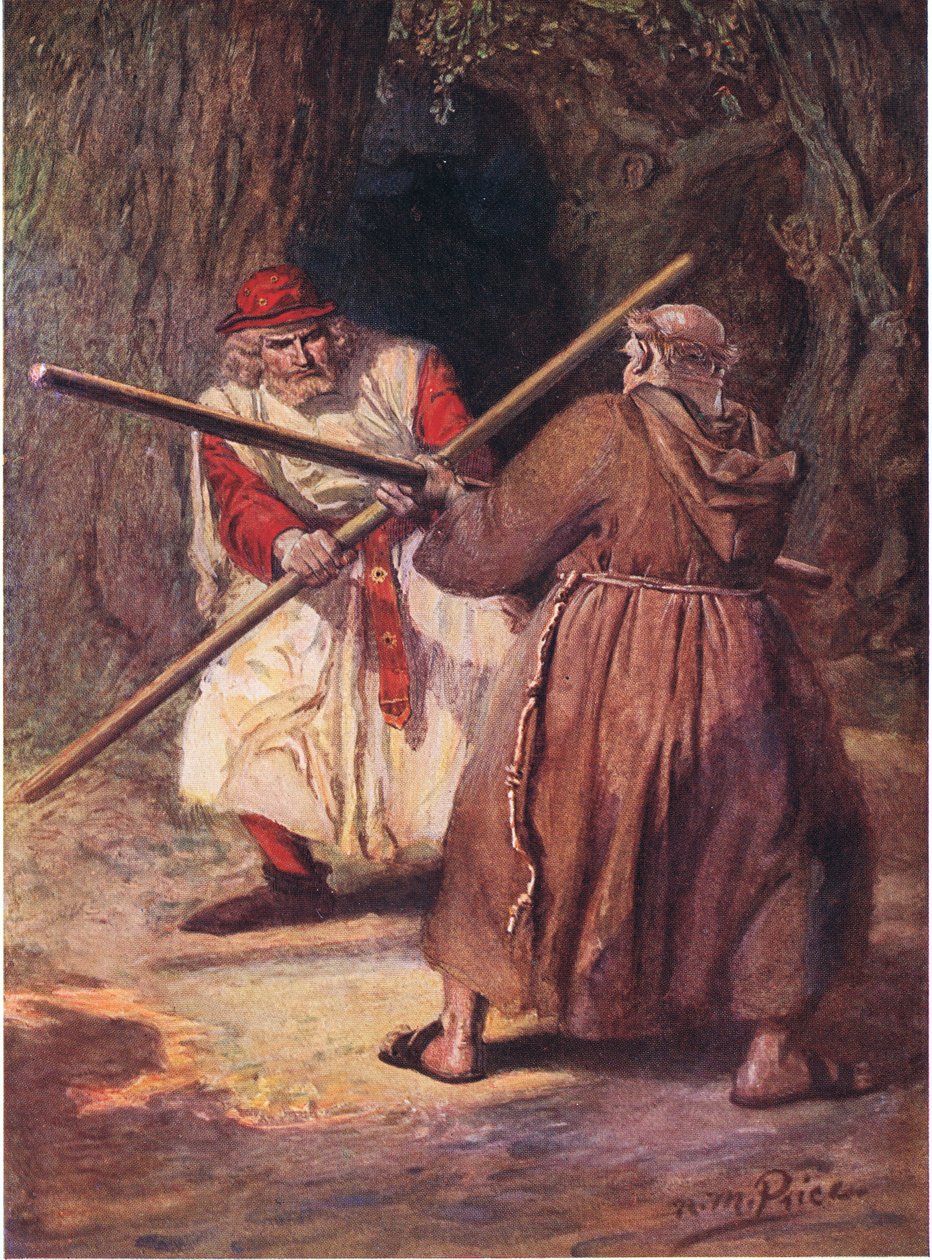 Han ga etter før de jevne slagene til Friar Tuck, illustrasjon fra 