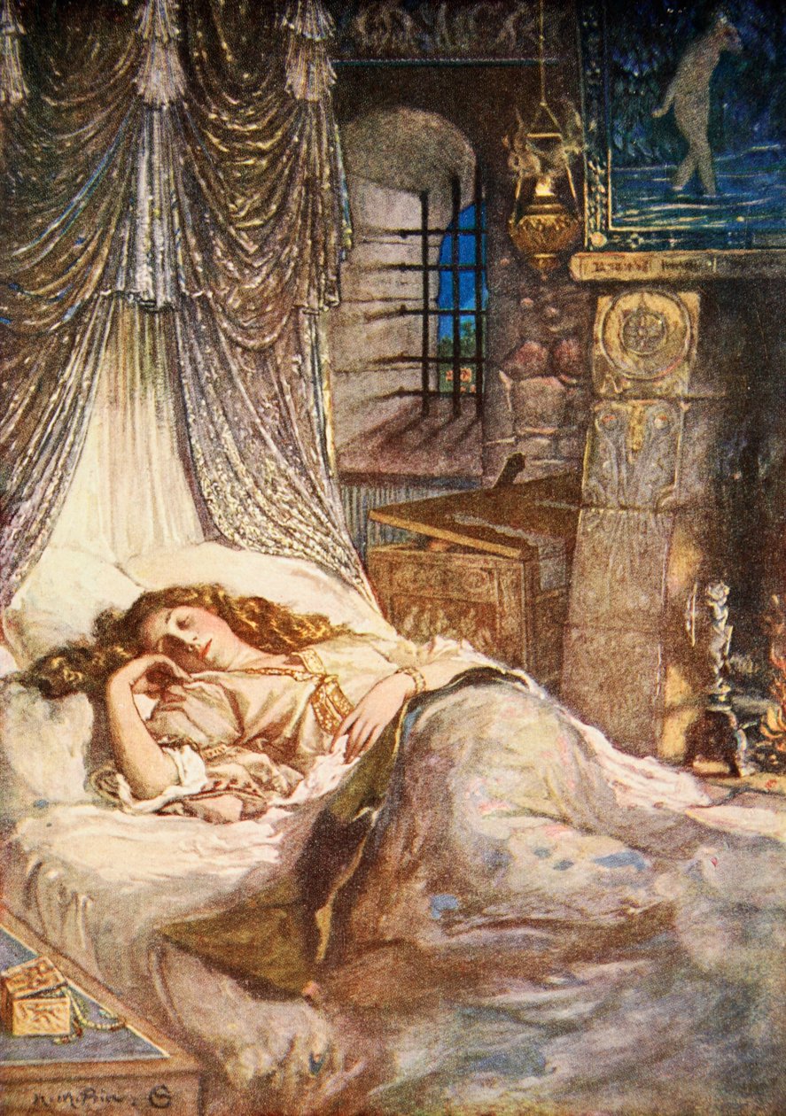 Imogen's Bed Chamber, Cymbeline, Act II Scene 2, illustrasjon fra 'Tales from Shakespeare' av Charles og Mary Lamb av Norman Mills (after) Price