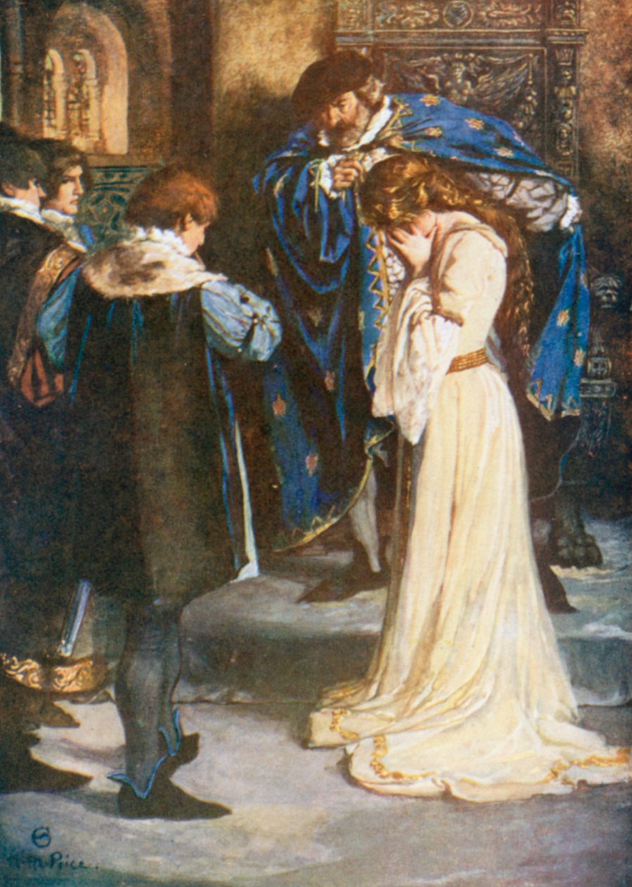 King «Hvorfor, da, unge Bertram, ta henne; hun er din kone». All#39;s Well that Ends Well – Akt II, scene 3 (fargelitografi) av Norman Mills (after) Price