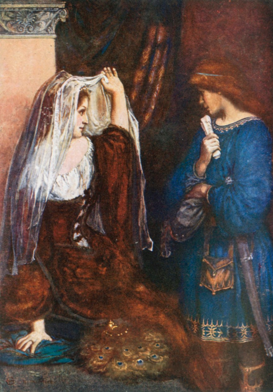 Olivia, «Men vi skal trekke forhenget og vise deg bildet». Helligtrekongersaften – Akt 1, scene 5 (fargelitografi) av Norman Mills (after) Price