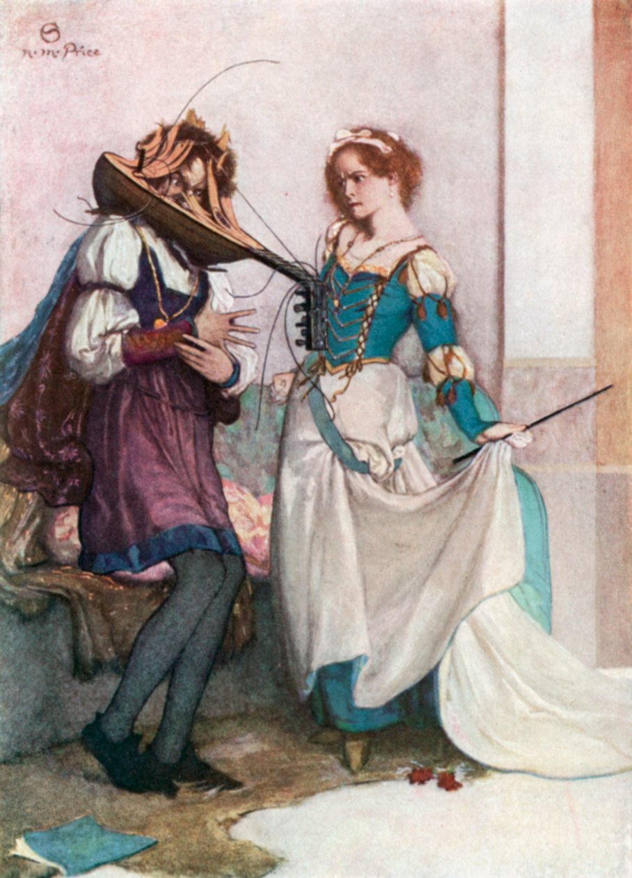 Den snille Katherine. Spissmusen temmes – Akt II, scene 1 (fargelitografi) av Norman Mills (after) Price