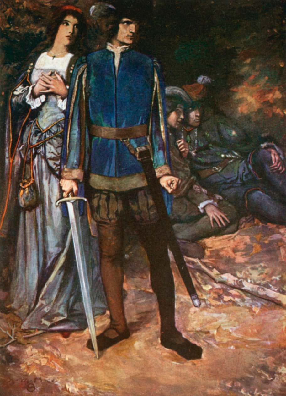 Valentine, «Jeg utfordrer deg bare å puste på min kjærlighet». To herrer fra Verona – Akt V, scene 4 (fargelitografi) av Norman Mills (after) Price