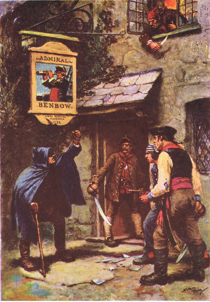 En mann lente seg ut i måneskinnet, fra Treasure Island utgitt av MacDonald 1947 (farge litho) av Norman Mills Price