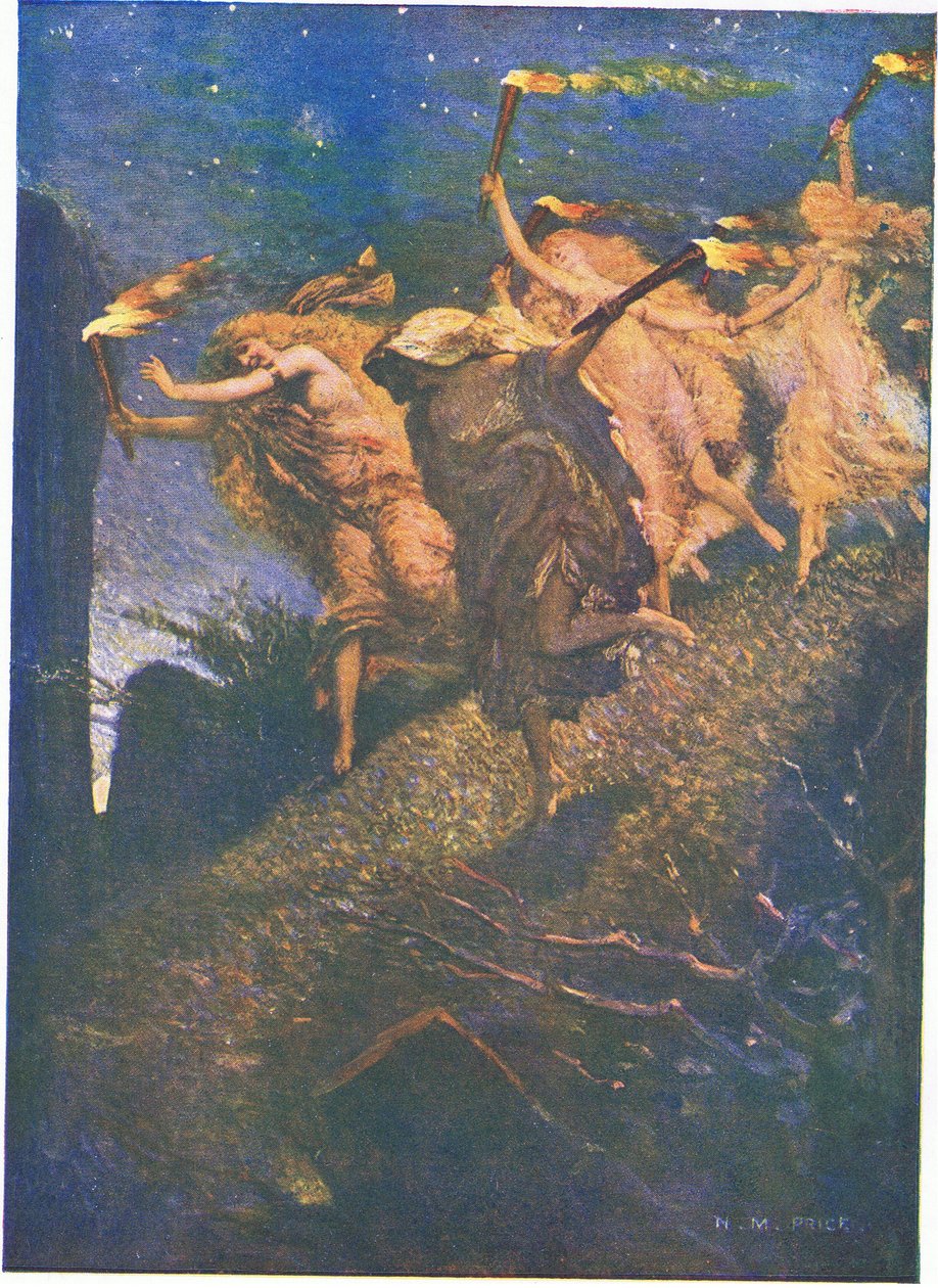 First Walpurgis Night: "Gjennom mørket lede og følg, inn og ut hver steinete hule" (farge litho) av Norman Mills Price