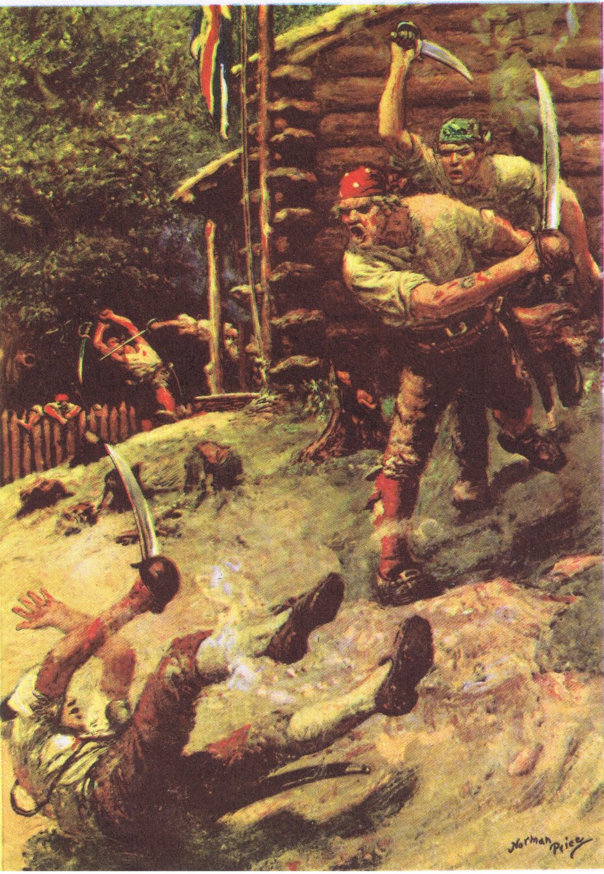 Jeg snublet og rullet hodestups, fra Treasure Island utgitt av MacDonald 1947 (farge litho) av Norman Mills Price