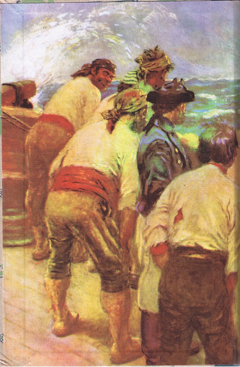 Innvendig omslagsdesign, fra Treasure Island utgitt av MacDonald 1947 (farge litho) av Norman Mills Price