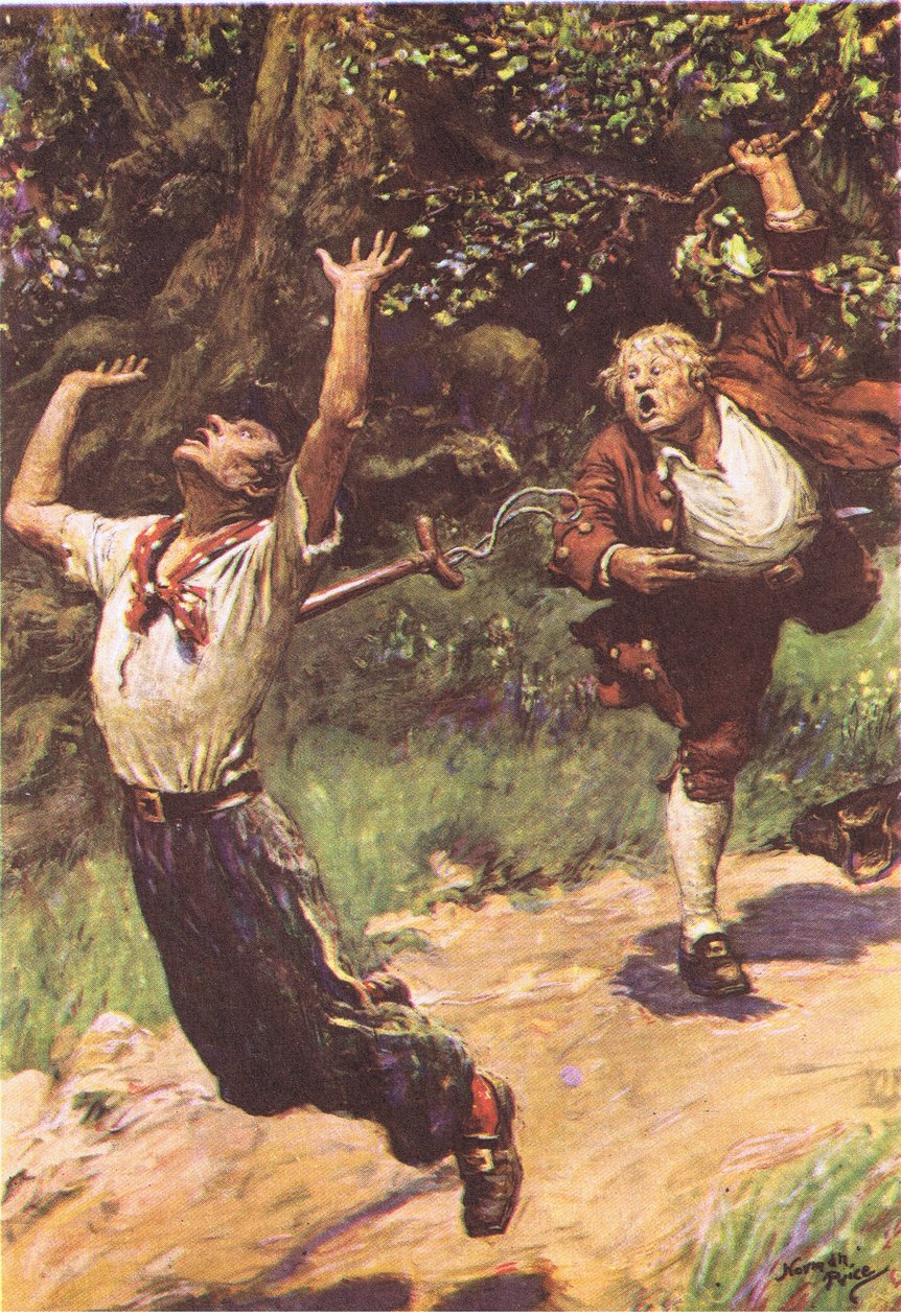 Det slo først stakkars Tom-punkt, fra Treasure Island utgitt av MacDonald 1947 (farge litho) av Norman Mills Price