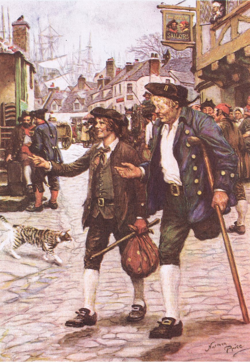 Jim og Long John Silver i Bristol, fra Treasure Island utgitt av MacDonald 1947 (farge litho) av Norman Mills Price