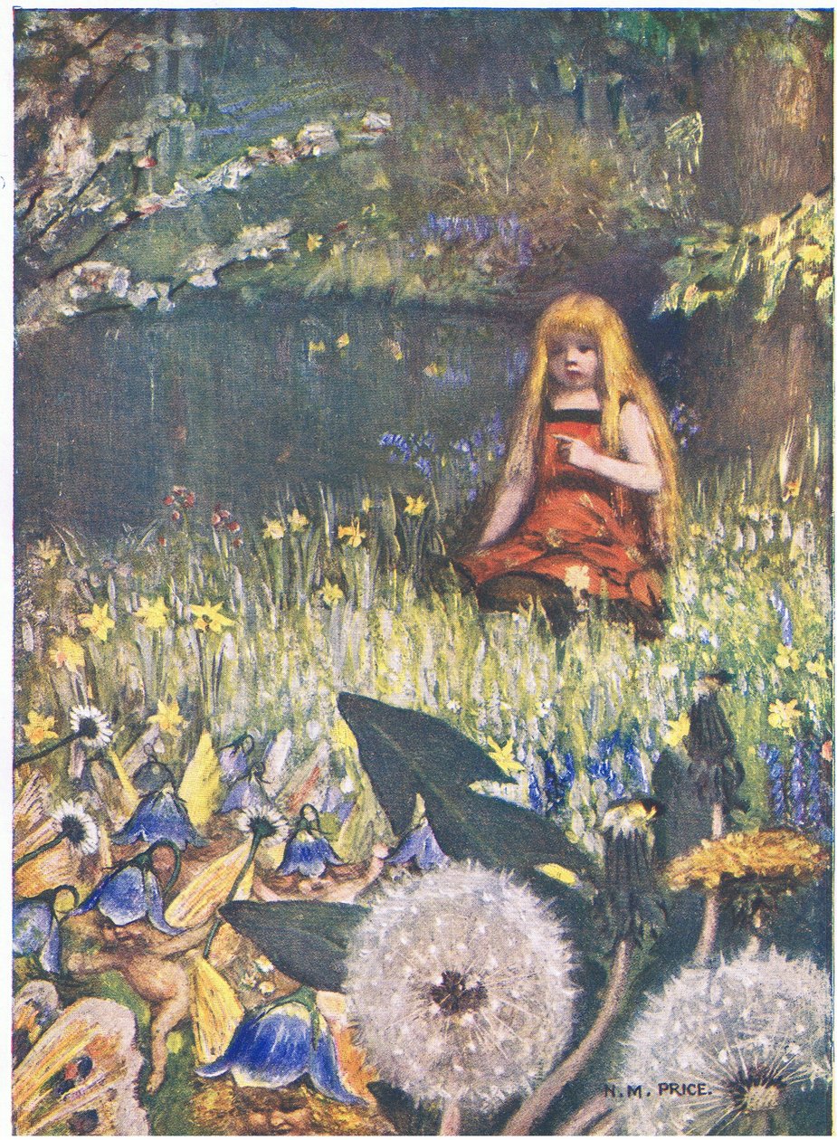 Maybells and the Flowers: "Nå vet jeg at flere kan bli hjemme, maiklokkene kaller meg det (farge litho) av Norman Mills Price