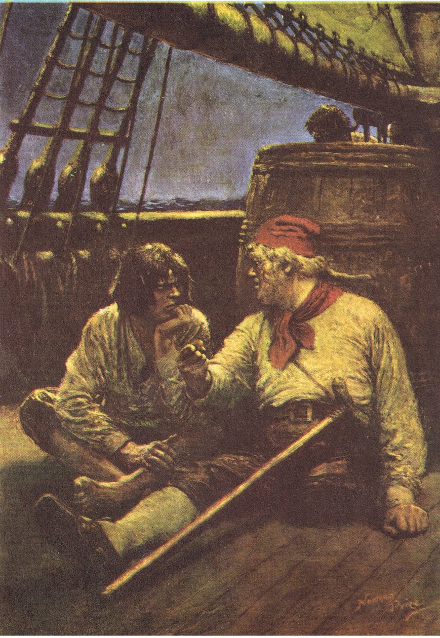 Tønnen ristet da han lente skulderen mot den, fra Treasure Island utgitt av MacDonald 1947 (farge litho) av Norman Mills Price