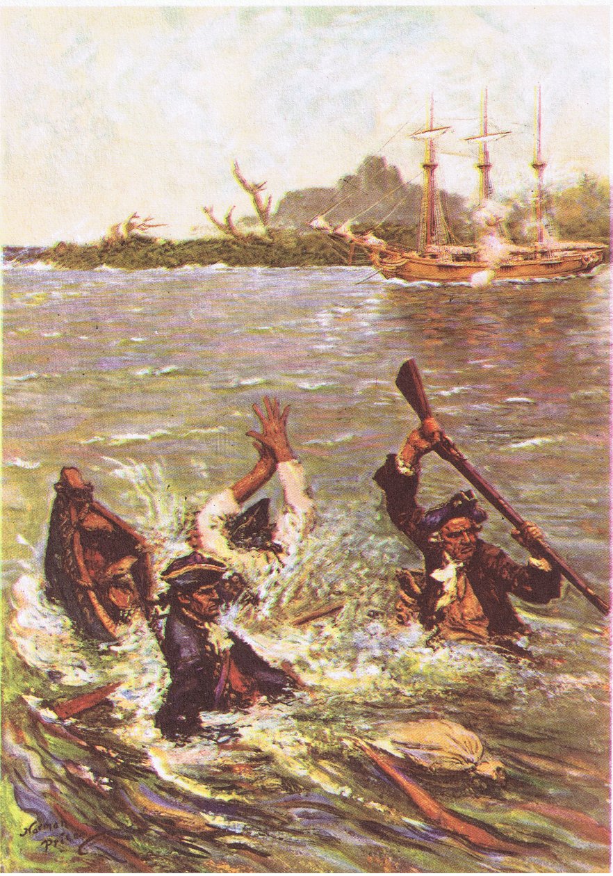 Båten sank ved hekken i tre fot vann, fra Treasure Island utgitt av MacDonald 1947 (farge litho) av Norman Mills Price
