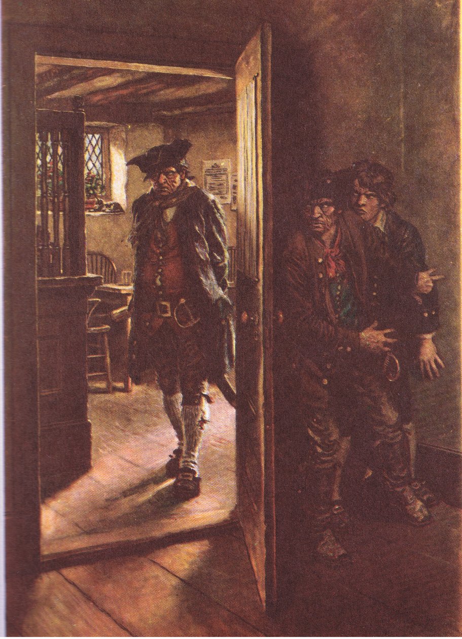 Vi ble begge gjemt av den åpne døren, fra Treasure Island utgitt av MacDonald 1947 (farge litho) av Norman Mills Price