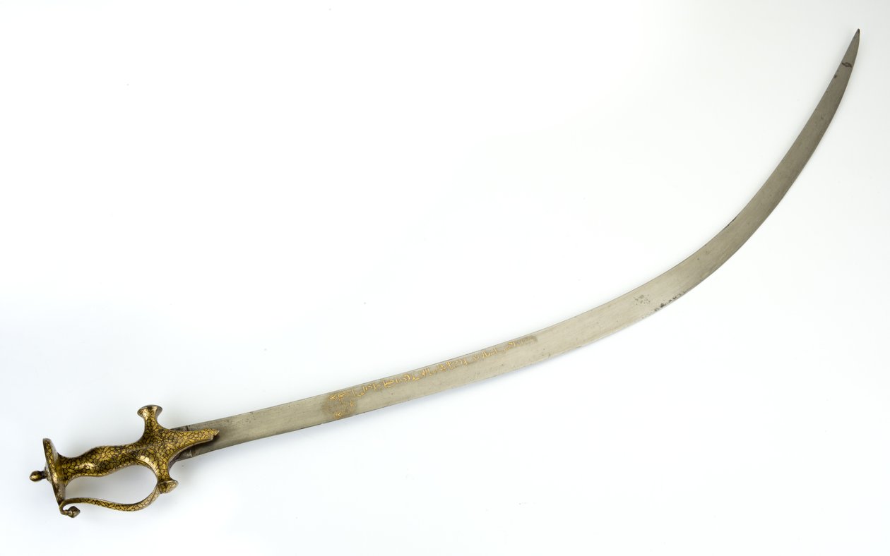 Talwar Saber med indo-muslimsk hilt av panjabi-type, blad muligens 1700-tallet, hilt 1800-tallet (stål, russeted jern, gull falsk-damaskerende) av North Indian School