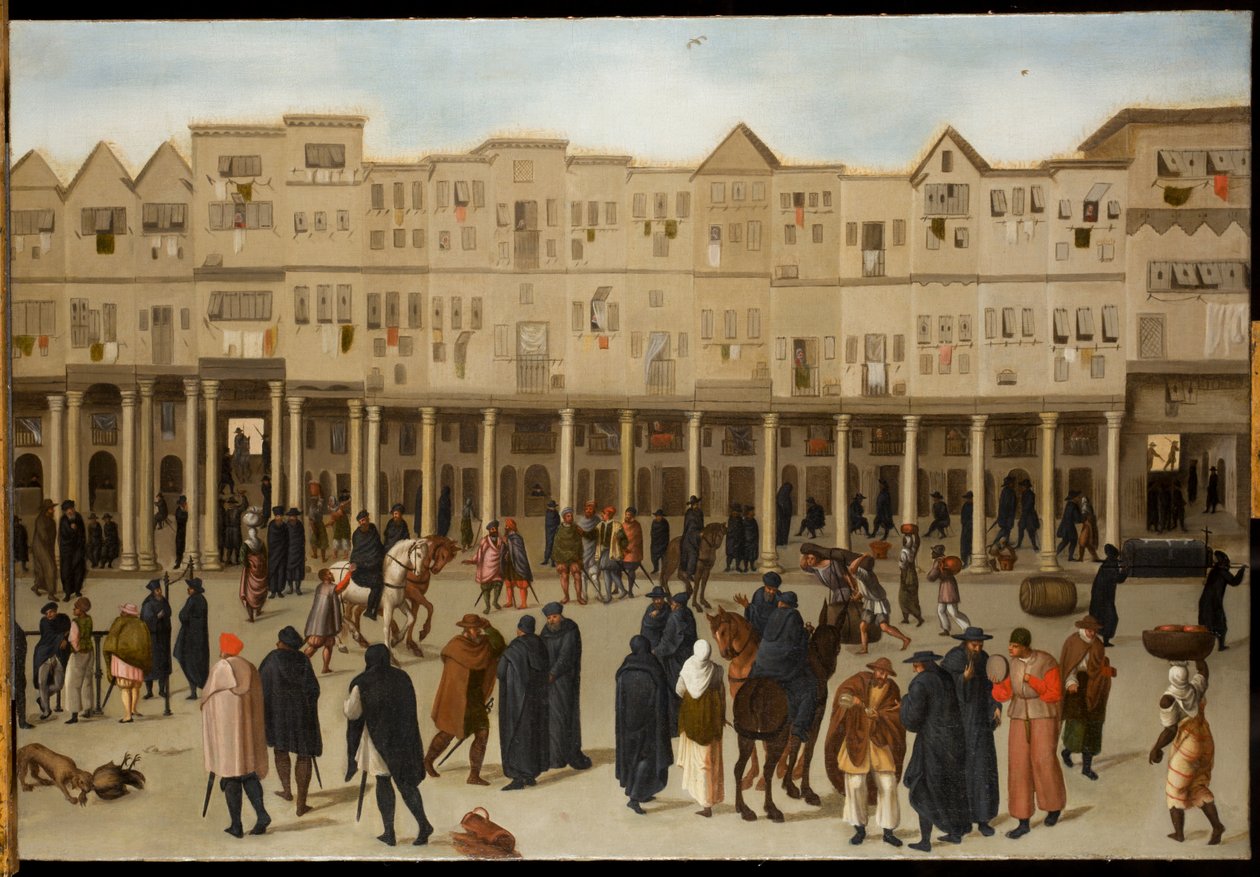 Byscene i Lisboa (olje på lerret) av Northern European School