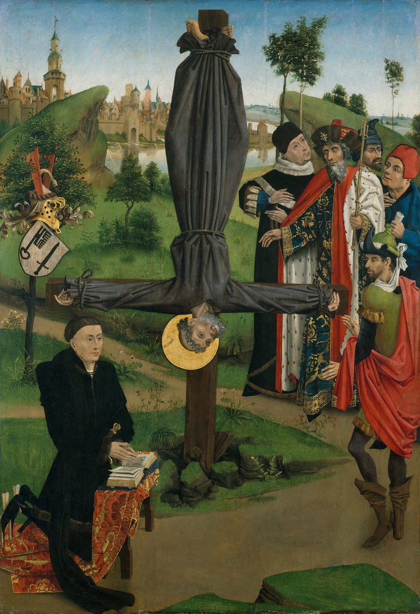 Korsfestelsen av Saint Peter med en giver, Legenden om Saint Anthony Abbed med en giver... av Northern French Painter