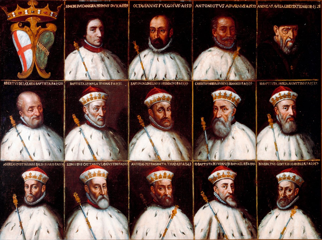 Våpenskjold fra republikken gener og portretter av dogene - Simone Boccanegra, Ottaviano Fregoso og Antoniotto II Adorno; Andrea Doria. Oberto Cattaneo Lazzari, Battista Spinola, Battista Lomellini, Cristoforo Grilaldi Rosso, Giovanni Battista Doria av Northern Italian School