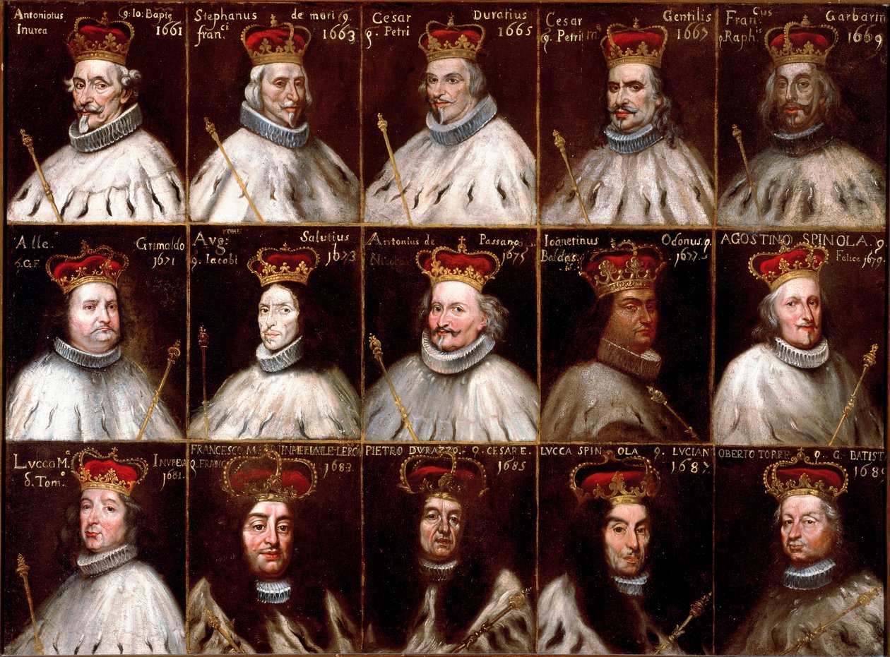 Våpenskjold fra republikken gener og portretter av dogene. Antoniotto Invrea, Stefano de Mari, Cesare Durazzo, Cesare Gentile, Francesco Garbarino, Alessandro Grimaldi, Agostino Saluzzo, Antonio Da Passano, Odon Giannettino, Agostino Spinola, Luca M av Northern Italian School