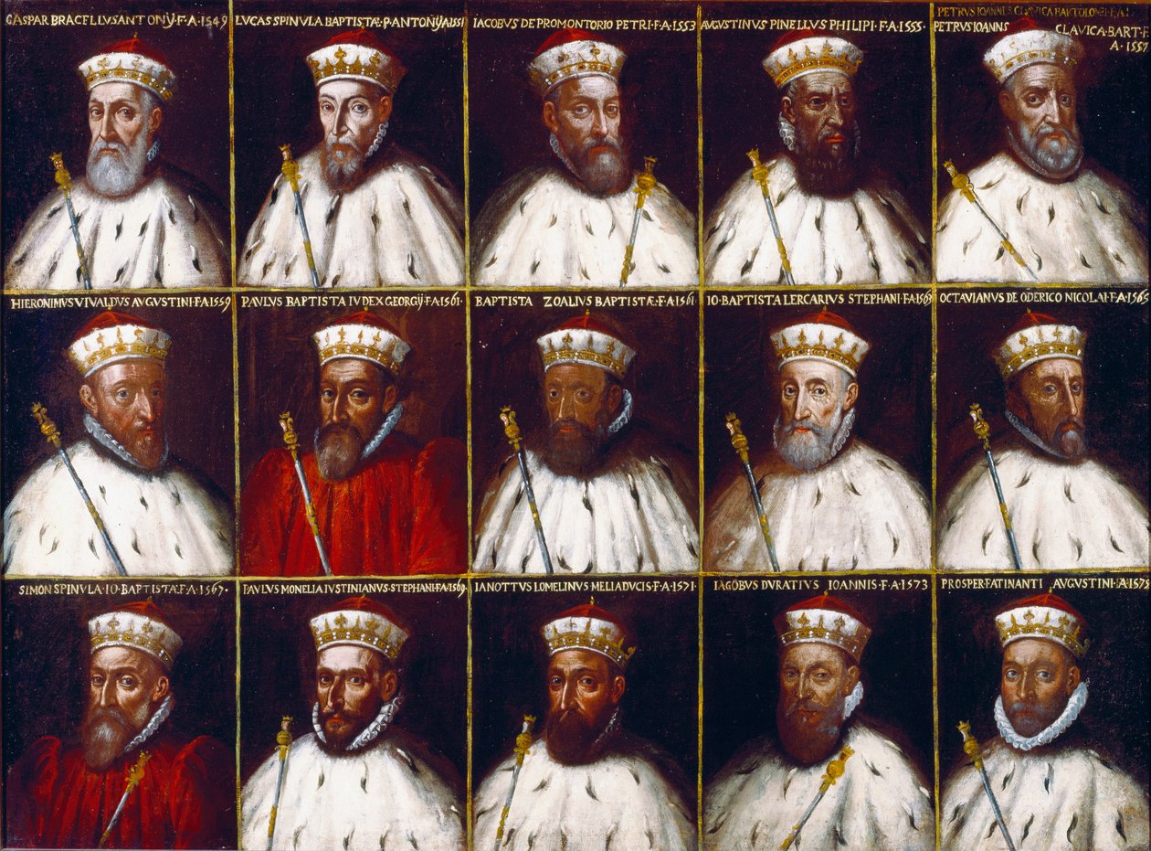 Våpenskjold fra republikken gener og portretter av dogene. Gaspare Grimaldi Bracelli, Luca Spinola, Giacomo Promontorio, Agostino Pinello Ardimenti, Pietro Giovanni Chiavica, Girolamo Vivaldi, Paolo Battista Giudice, Battista Cicala Zoaglio, Giovan av Northern Italian School