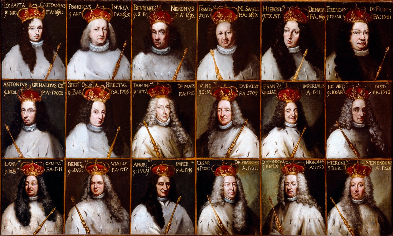 Våpenskjold fra republikken gener og portretter av dogene. Giovanni Battista Cattaneo, Francesco Invrea, Negrone Bendinelli, Francesco Maria Sauli, Girolamo De Mari, Federico De Franchi, Antonio Cebà Grimaldi, Honored Stefano Ferreti, Domenico De Ma av Northern Italian School