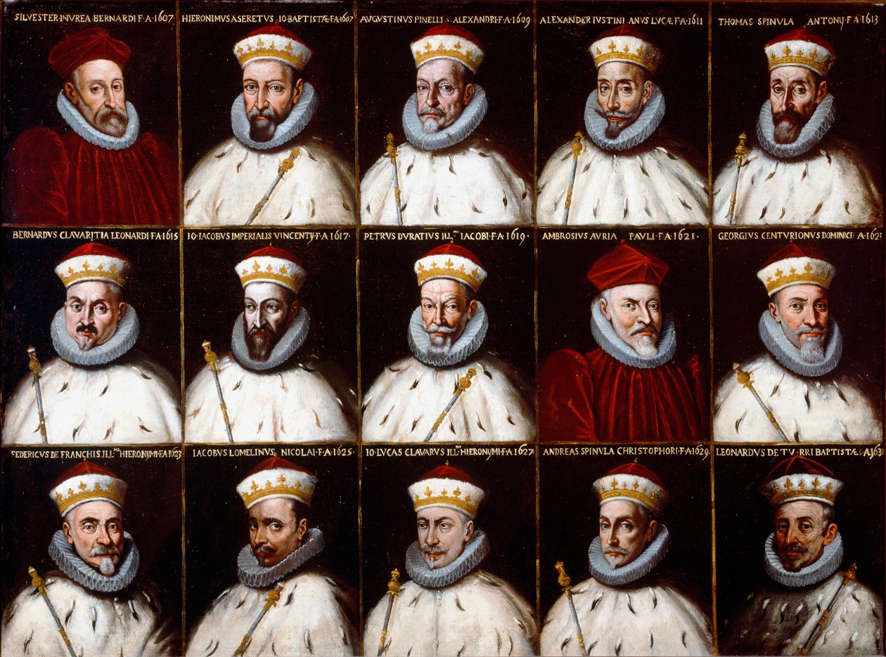 Våpenskjold fra republikken gener og portretter av dogene. Silvestro Invrea, Gerolamo Assereto, Agostino Pinello Luciani, Alessandro Giustiniani Longo, Tomaso Spinola, Clavarezza Bernardo, Giovanni Giacomo Imperiale (Tartaro), Pietro Durazzo, Ambrog av Northern Italian School