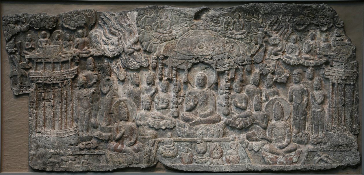 Western Paradise, Handan, Hebei-provinsen, 550-577 (kalkstein med spor av pigment) av Northern Qi Dynasty Chinese Scool