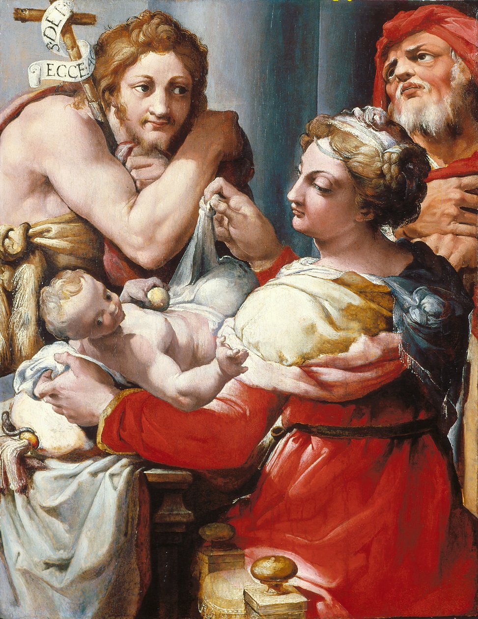 Den hellige familie med døperen Johannes (olje på tre) av Nosadella (d.1571)