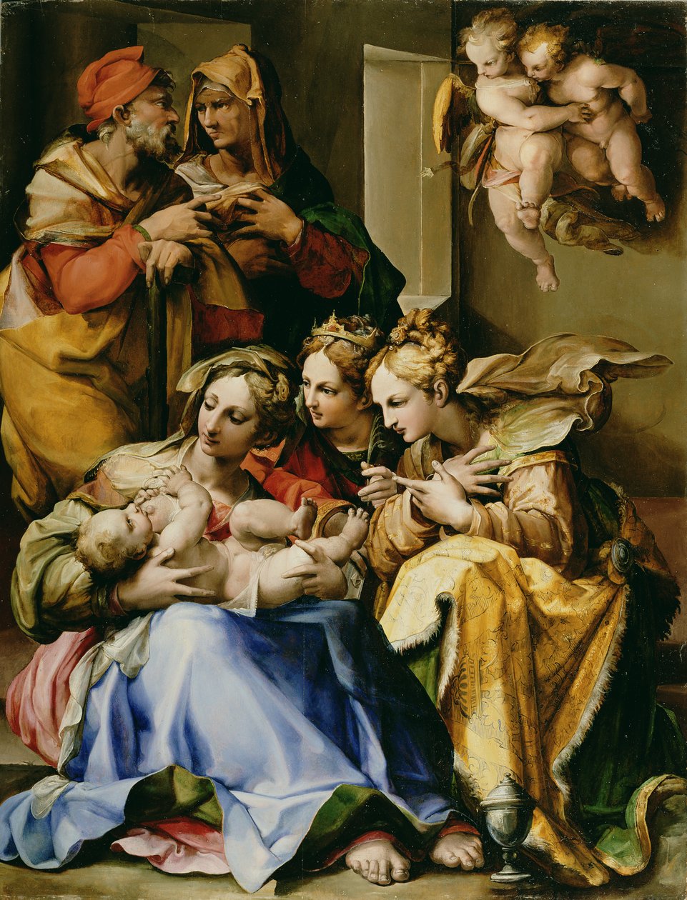 Hellig familie med de hellige Anne, Katarina av Alexandria og Maria Magdalena, ca. 1560-9 av Nosadella