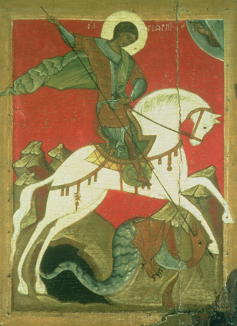 Ikon for St. George og dragen (tempera på panel) av Novgorod School