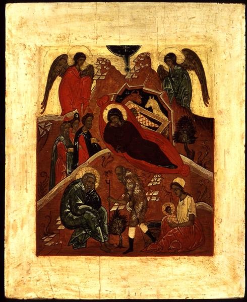 Ikon for fødselen, tilbedelsen av vismennene og fristelsen til St. Joseph, ca. 1500 (bladgull og tempera på panel) av Novgorod School
